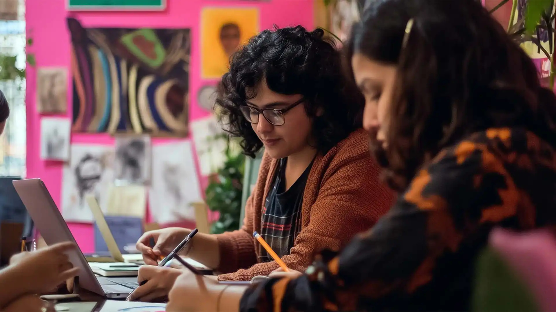 Creative team working together in a colourful studio